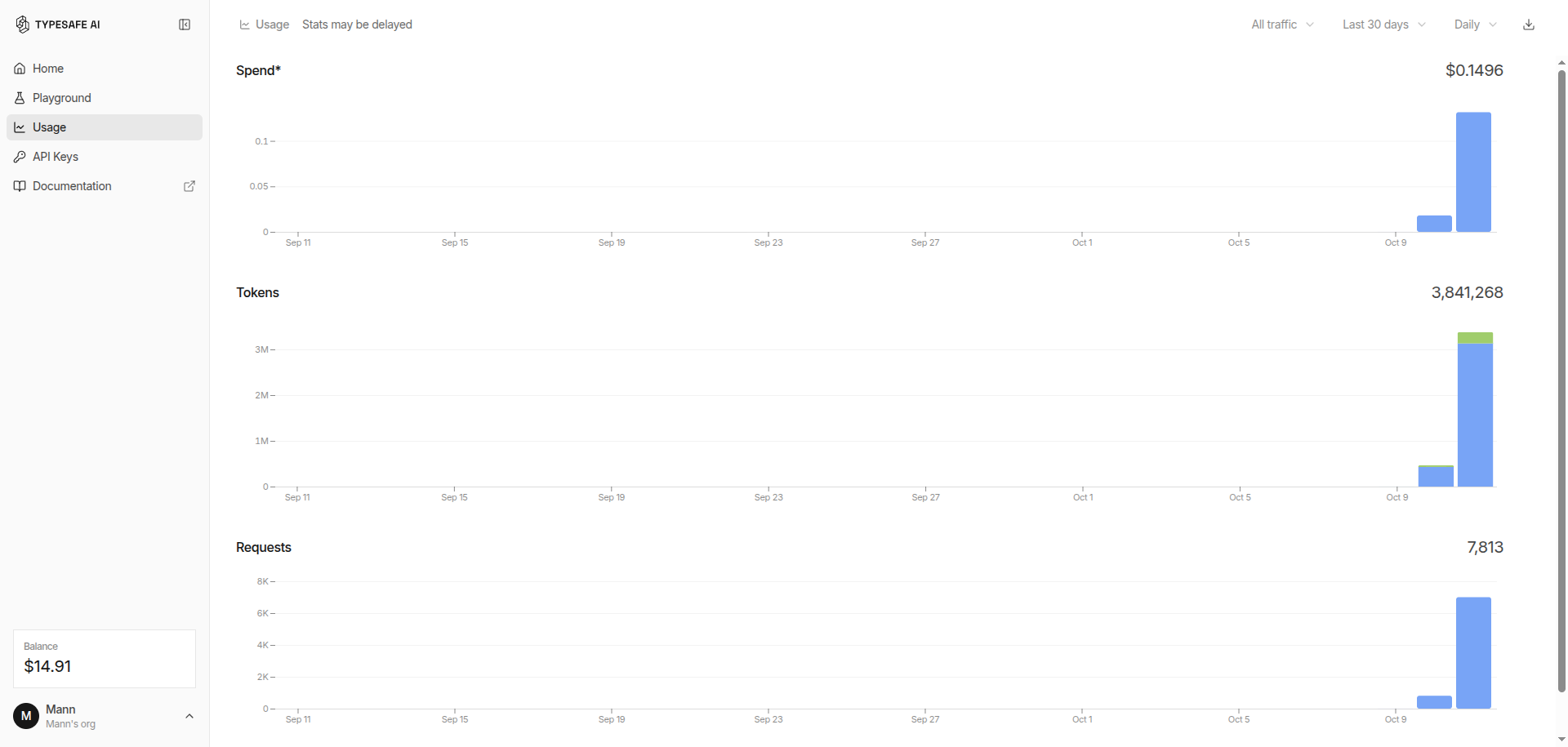 TypeSafe console usage page: spend, tokens and requests